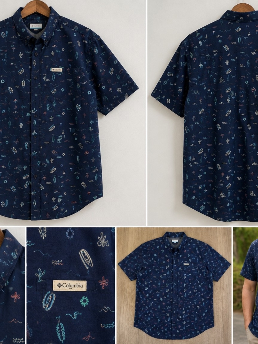 Columbia Navy Short-Sleeve Button-Down with Teal & Coral Micro Print
